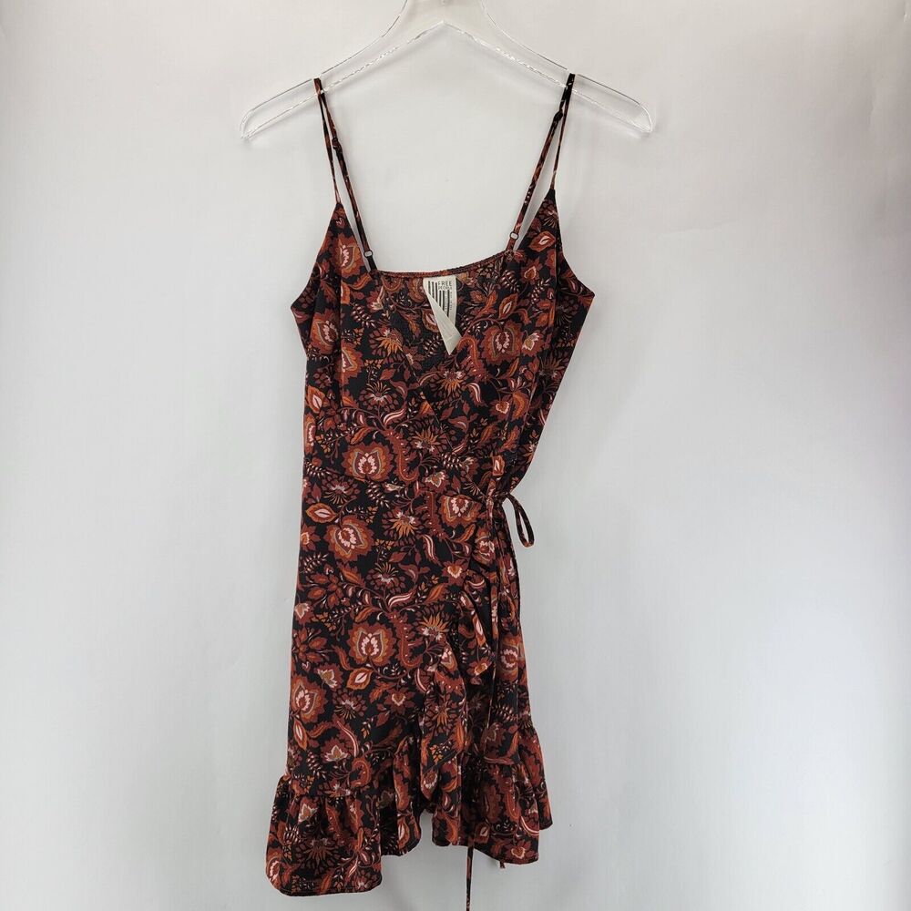 Free People All My Love Mini Wrap Dress Womens XS Brown Black Floral Slip Dress